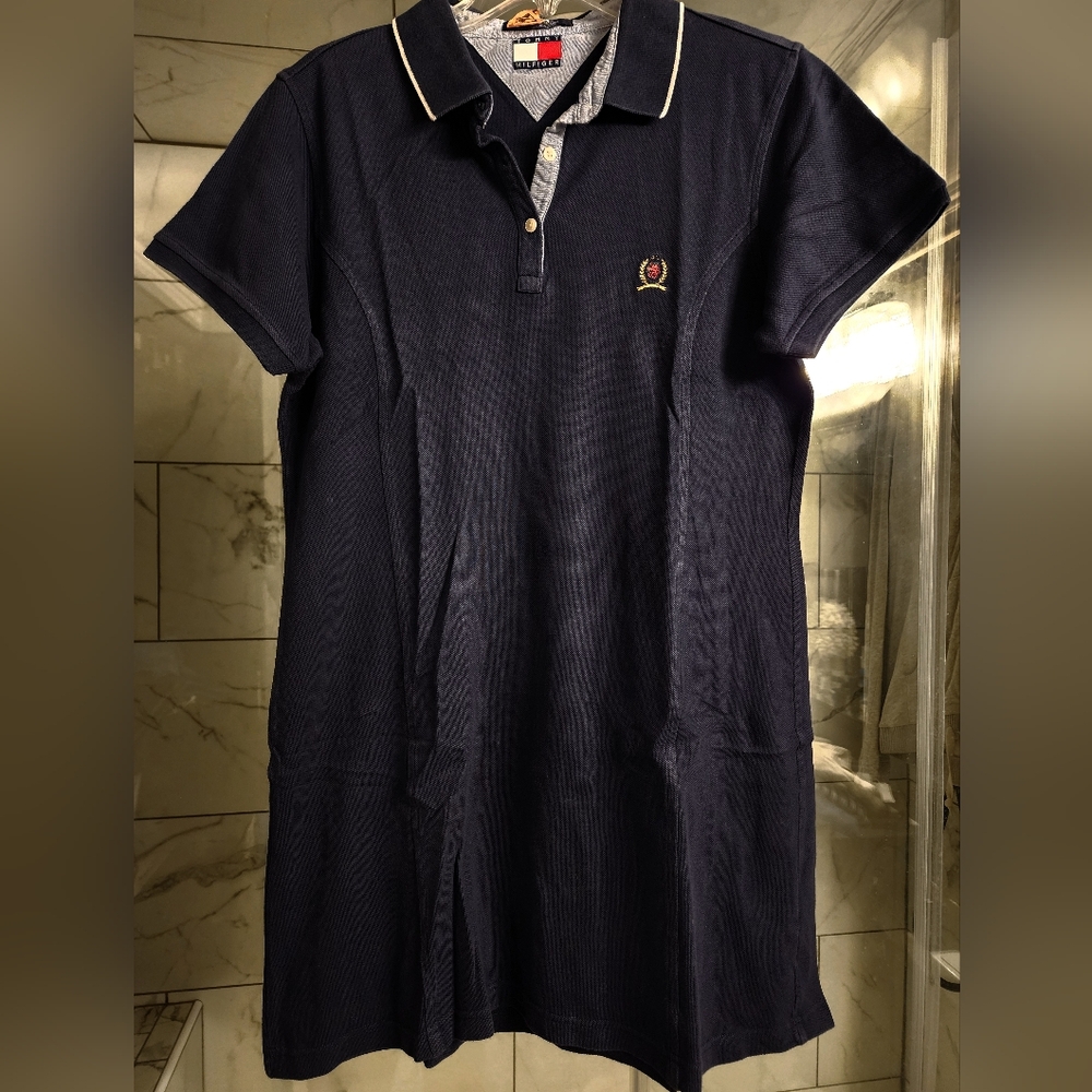 NWOT Tommy Hilfiger Navy Blue Collared S/Sleeve Fitted Logo Shirt Dress Size M/L